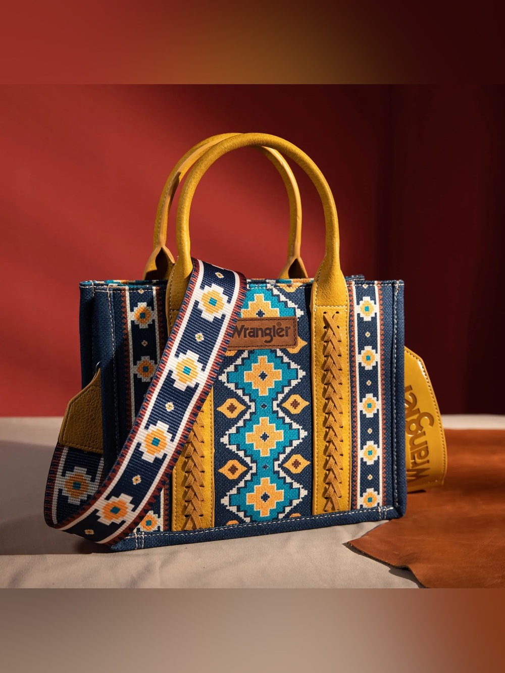 Wrangler Aztec Mustard Crossbody Canvas Tote Bag Satchel Purse Southwestern - Picture 10 of 13